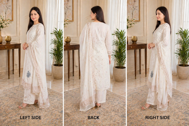 Elegant cotton suit set designed in a soothing off-white shade, exuding simplicity and timeless charm.