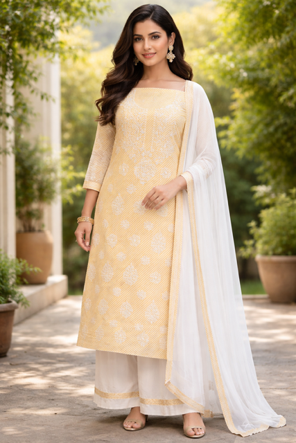 A soft, elegant pastel yellow lakhnowi cotton unstitched suit that radiates a graceful and refreshing charm.