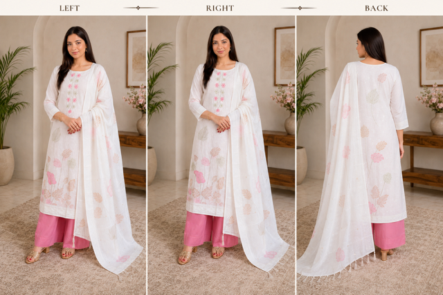 Elegant White Floral Printed Suit Set with Pink Pants & Dupatta