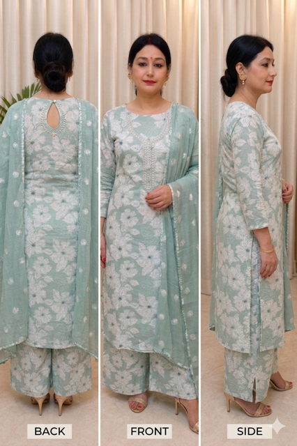 Pastel Mint Floral Printed Cotton Suit with Dupatta