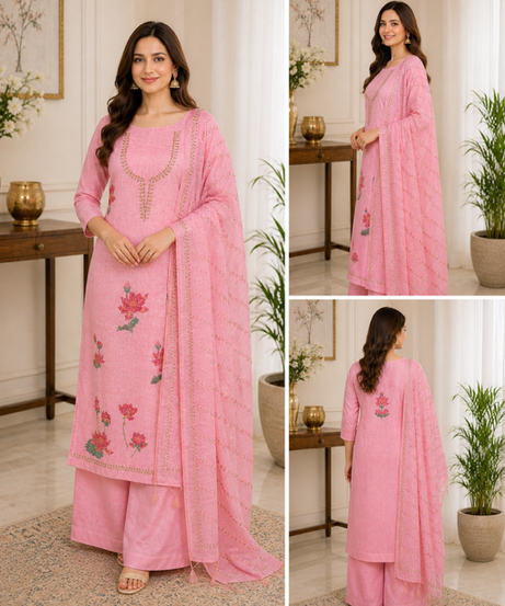 Elegant Pink Linen Shimmer Suit Set with Floral Embroidery & Dupatta