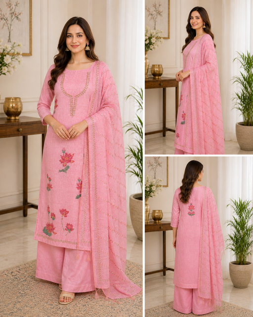 Elegant Pink Linen Shimmer Suit Set with Floral Embroidery & Dupatta