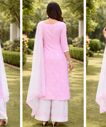 A soft, elegant pastel pink lakhnowi cotton unstitched suit that radiates a graceful and refreshing charm.
