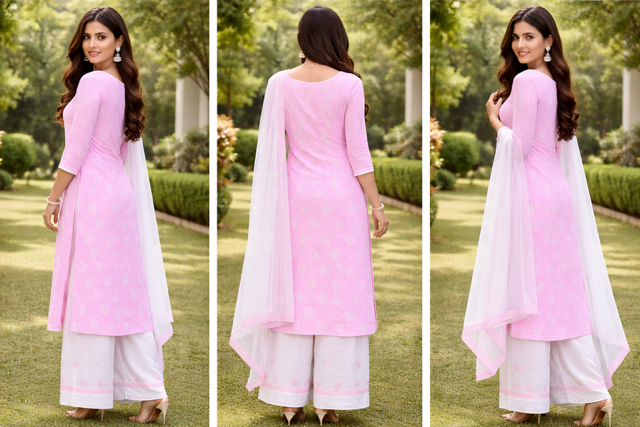 A soft, elegant pastel pink lakhnowi cotton unstitched suit that radiates a graceful and refreshing charm.