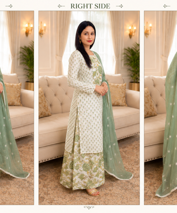 Elegant White & Sage Green Printed Cotton Suit with Dupatta