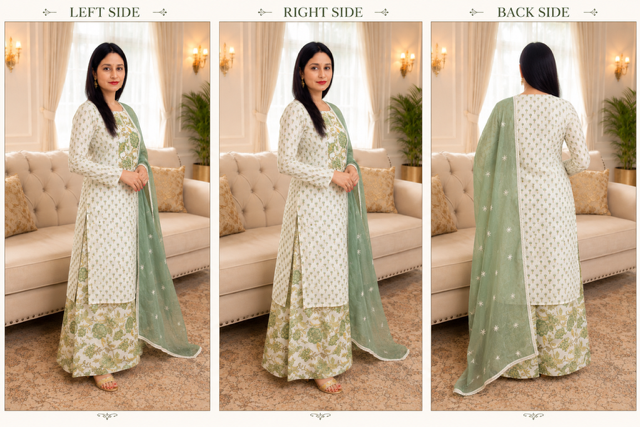 Elegant White & Sage Green Printed Cotton Suit with Dupatta