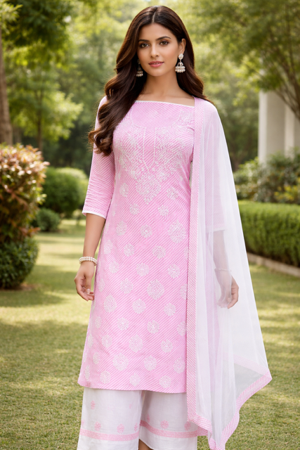 A soft, elegant pastel pink lakhnowi cotton unstitched suit that radiates a graceful and refreshing charm.