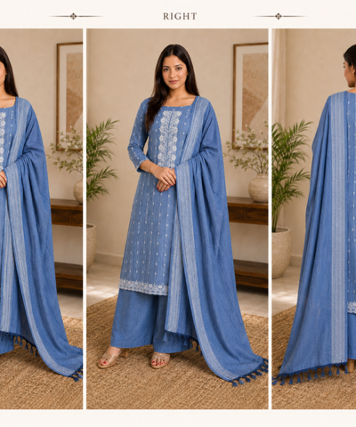 Elegant Blue Cotton Embroidered Suit
