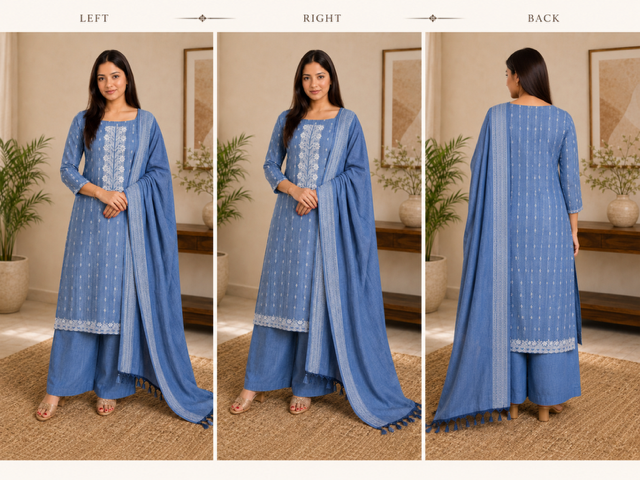 Elegant Blue Cotton Embroidered Suit