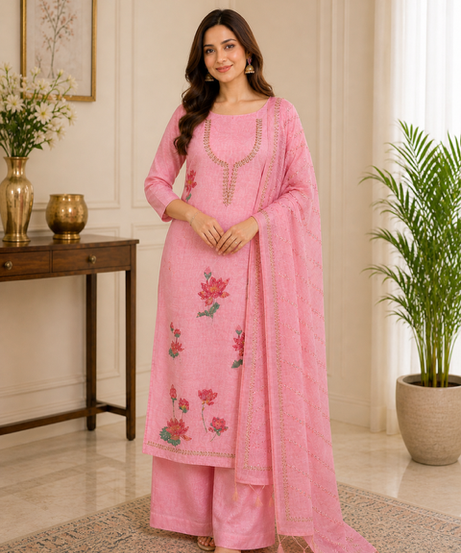 Elegant Pink Linen Shimmer Suit Set with Floral Embroidery & Dupatta