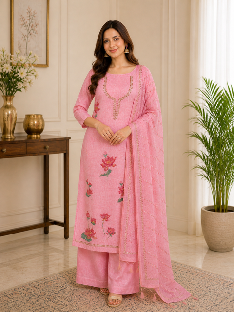 Elegant Pink Linen Shimmer Suit Set with Floral Embroidery & Dupatta