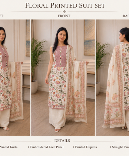 Elegant Floral Printed Cotton Suit Set with Embroidered Panel & Dupatta
