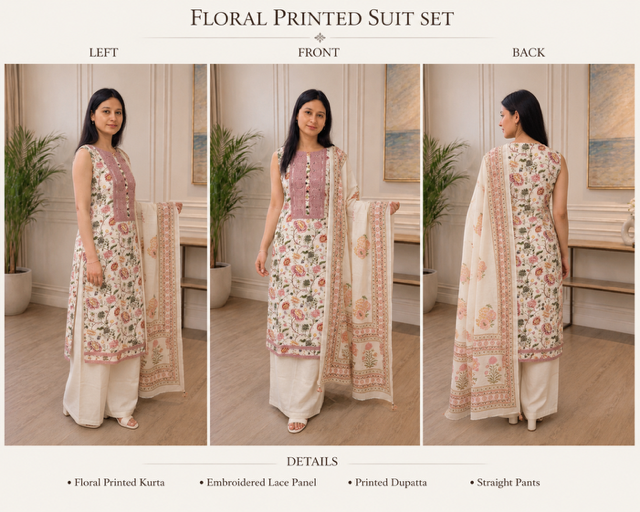 Elegant Floral Printed Cotton Suit Set with Embroidered Panel & Dupatta