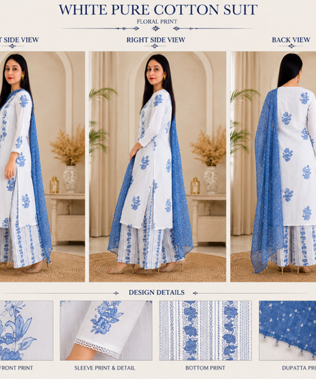 Graceful White & Blue Cotton Suit with Floral Print and Dotted Dupatta