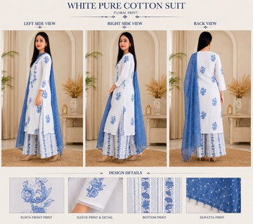 Graceful White & Blue Cotton Suit with Floral Print and Dotted Dupatta
