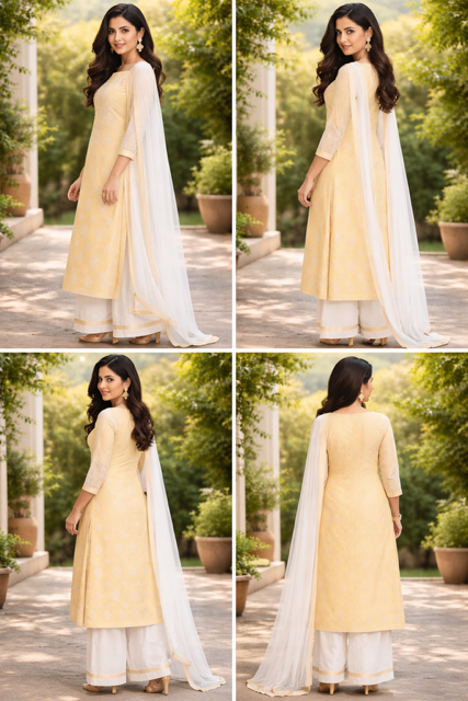A soft, elegant pastel yellow lakhnowi cotton unstitched suit that radiates a graceful and refreshing charm.