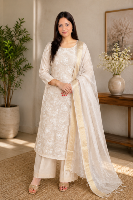Graceful Ivory Kota Doria Suit Set with Woven Dupatta