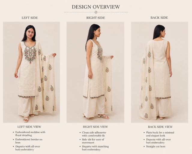 Elegant Cream Cotton Suit with Floral Thread Embroidery & Dupatta