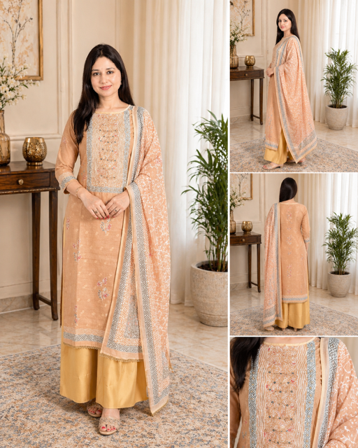 Yellow Embroidered Suit with Printed Dupatta