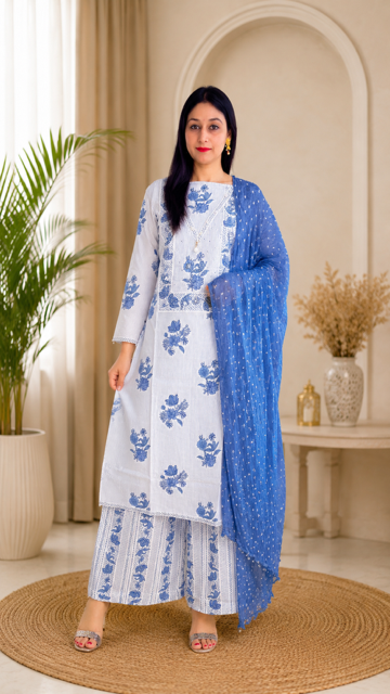 Graceful White & Blue Cotton Suit with Floral Print and Dotted Dupatta