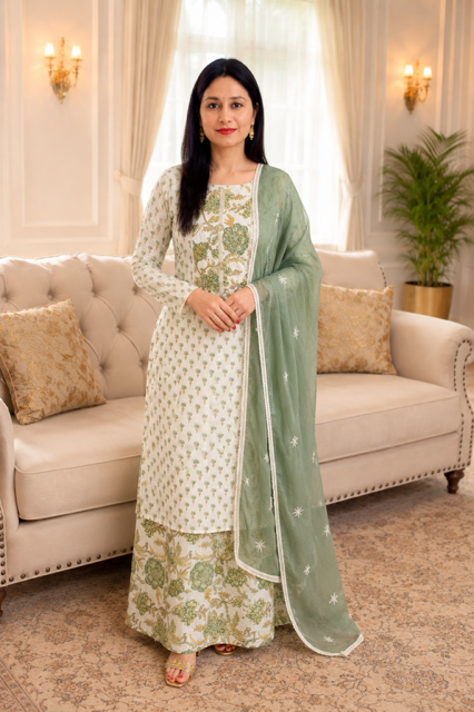 Elegant White & Sage Green Printed Cotton Suit with Dupatta