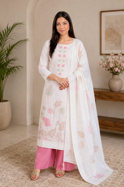 Elegant White Floral Printed Suit Set with Pink Pants & Dupatta