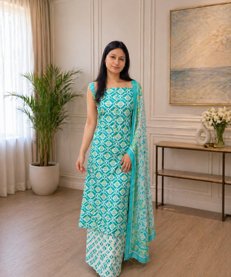 Elegant  Cotton Printed Suit Set with Dupatta