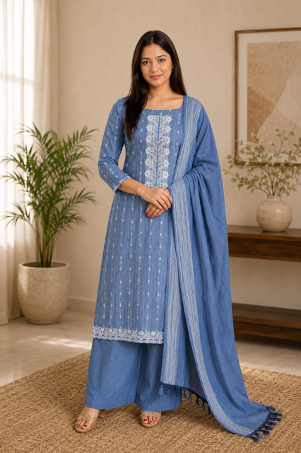 Elegant Blue Cotton Embroidered Suit