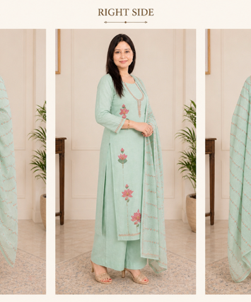 Elegant Green Linen Shimmer Suit Set with Floral Embroidery & Dupatta