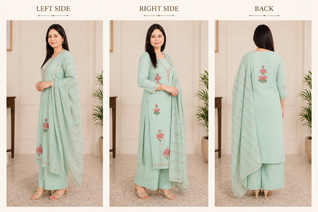 Elegant Green Linen Shimmer Suit Set with Floral Embroidery & Dupatta