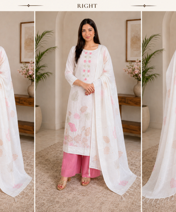 Elegant White Floral Printed Suit Set with Pink Pants & Dupatta