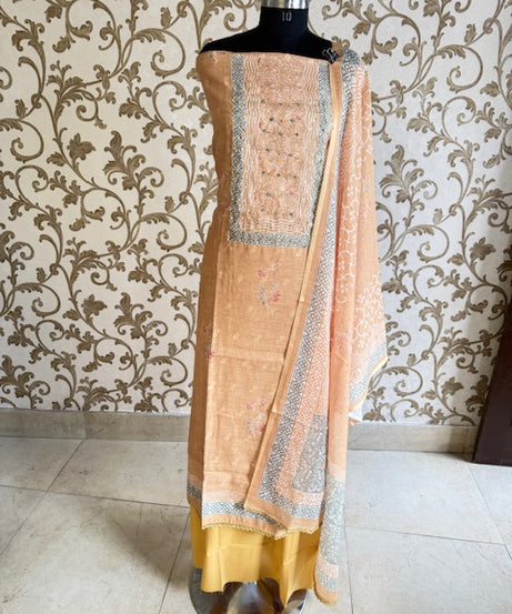 Yellow Embroidered Suit with Printed Dupatta