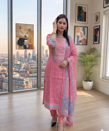 Elegant pink Handblock Printed cotton suit set
