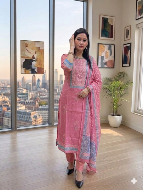 Elegant pink Handblock Printed cotton suit set