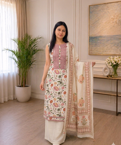 Elegant Floral Printed Cotton Suit Set with Embroidered Panel & Dupatta