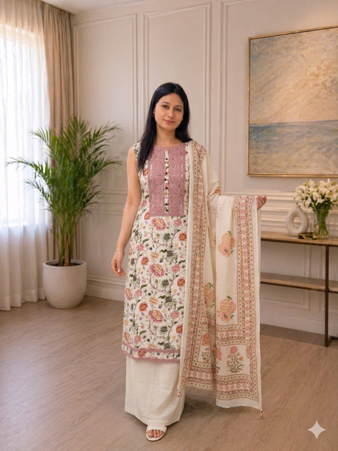 Elegant Floral Printed Cotton Suit Set with Embroidered Panel & Dupatta