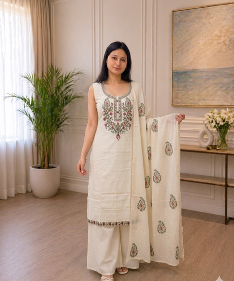 Elegant Cream Cotton Suit with Floral Thread Embroidery & Dupatta