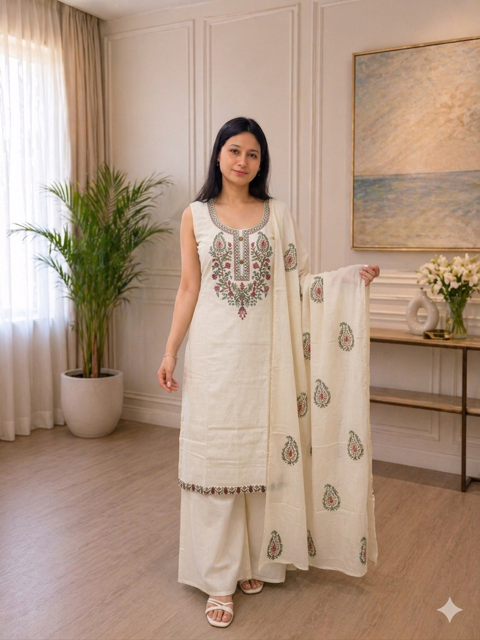 Elegant Cream Cotton Suit with Floral Thread Embroidery & Dupatta