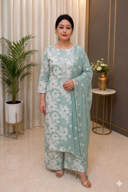 Pastel Mint Floral Printed Cotton Suit with Dupatta