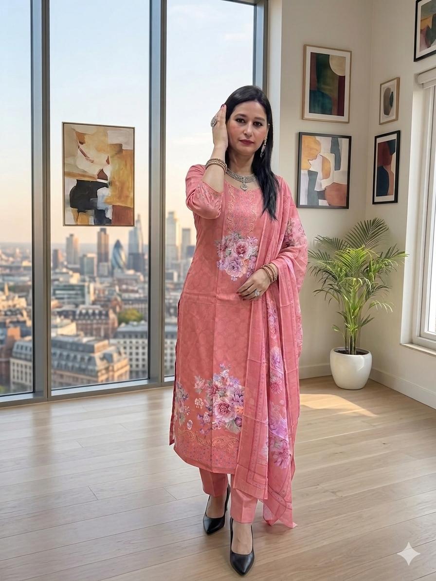 Digital Floral Print with Subtle Embellished Pattern