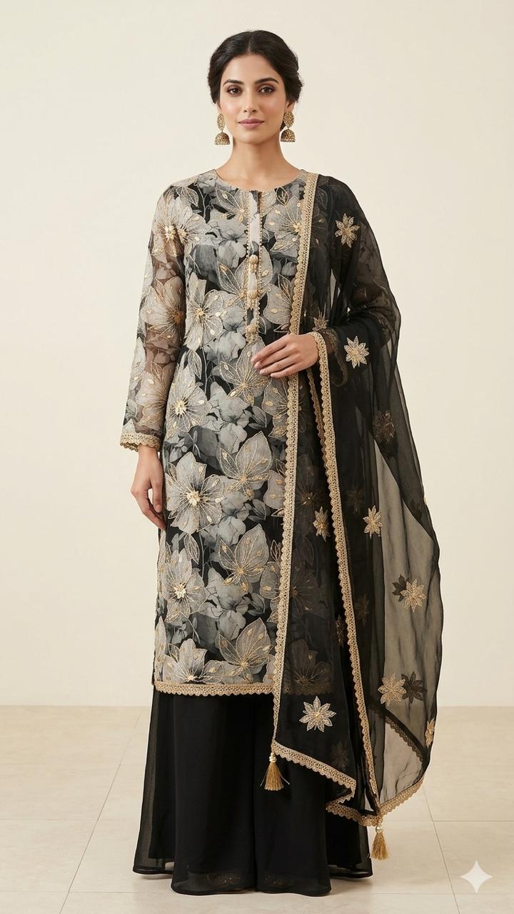 Crafted from high-quality georgette, the shirt features a large-scale, ethereal floral print in shades of charcoal, misty grey, and black