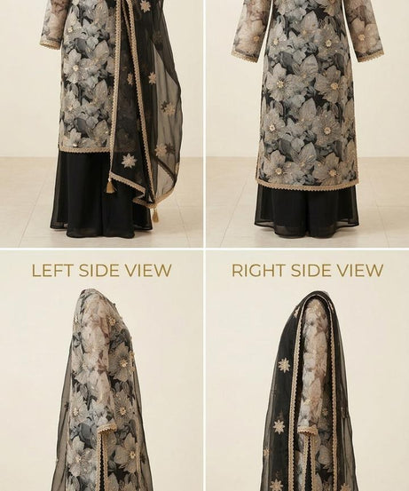 Crafted from high-quality georgette, the shirt features a large-scale, ethereal floral print in shades of charcoal, misty grey, and black