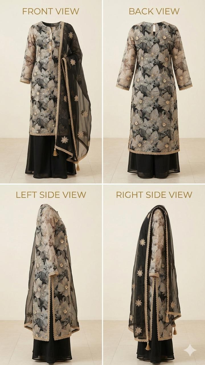 Crafted from high-quality georgette, the shirt features a large-scale, ethereal floral print in shades of charcoal, misty grey, and black