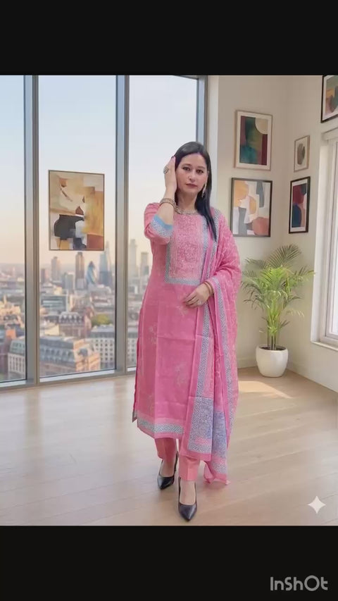 Elegant pink Handblock Printed cotton suit set