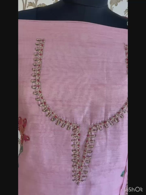 Elegant Pink Linen Shimmer Suit Set with Floral Embroidery & Dupatta