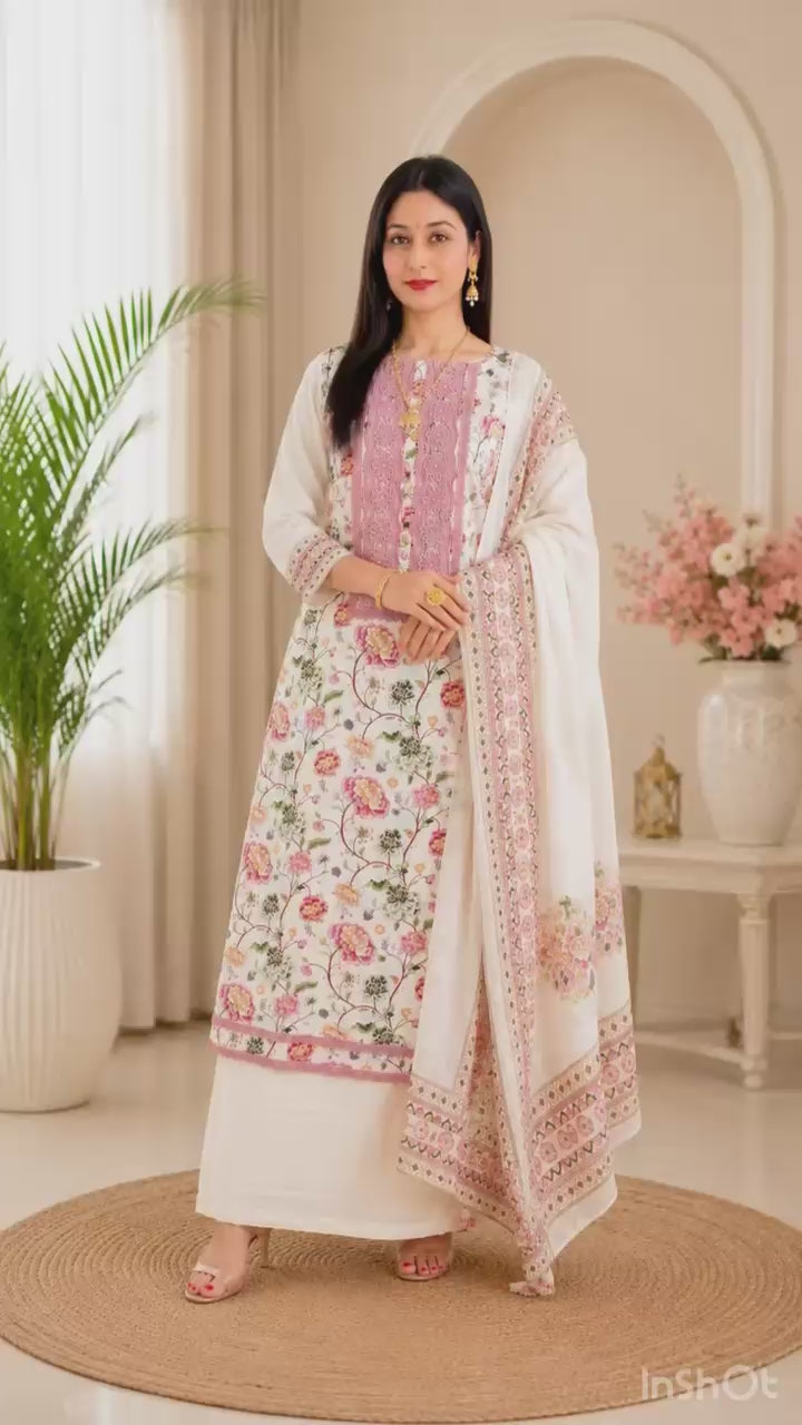 Elegant Floral Printed Cotton Suit Set with Embroidered Panel & Dupatta