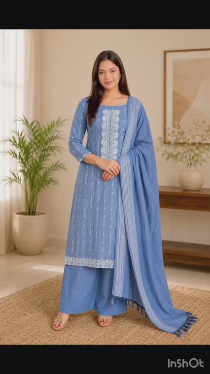 Elegant Blue Cotton Embroidered Suit
