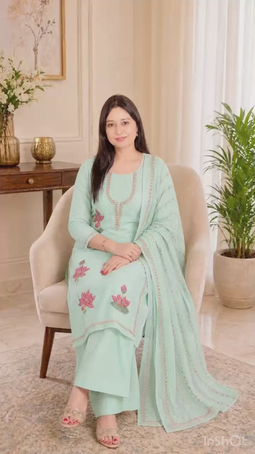 Elegant Green Linen Shimmer Suit Set with Floral Embroidery & Dupatta