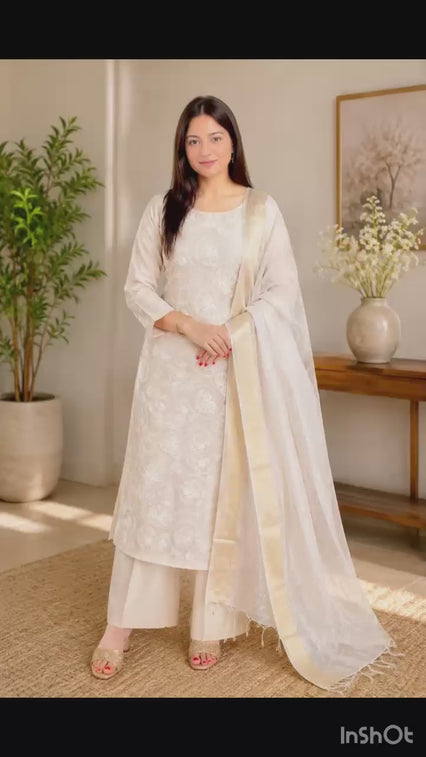 Graceful Ivory Kota Doria Suit Set with Woven Dupatta