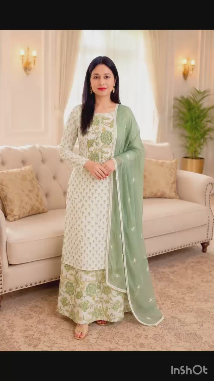 Elegant White & Sage Green Printed Cotton Suit with Dupatta